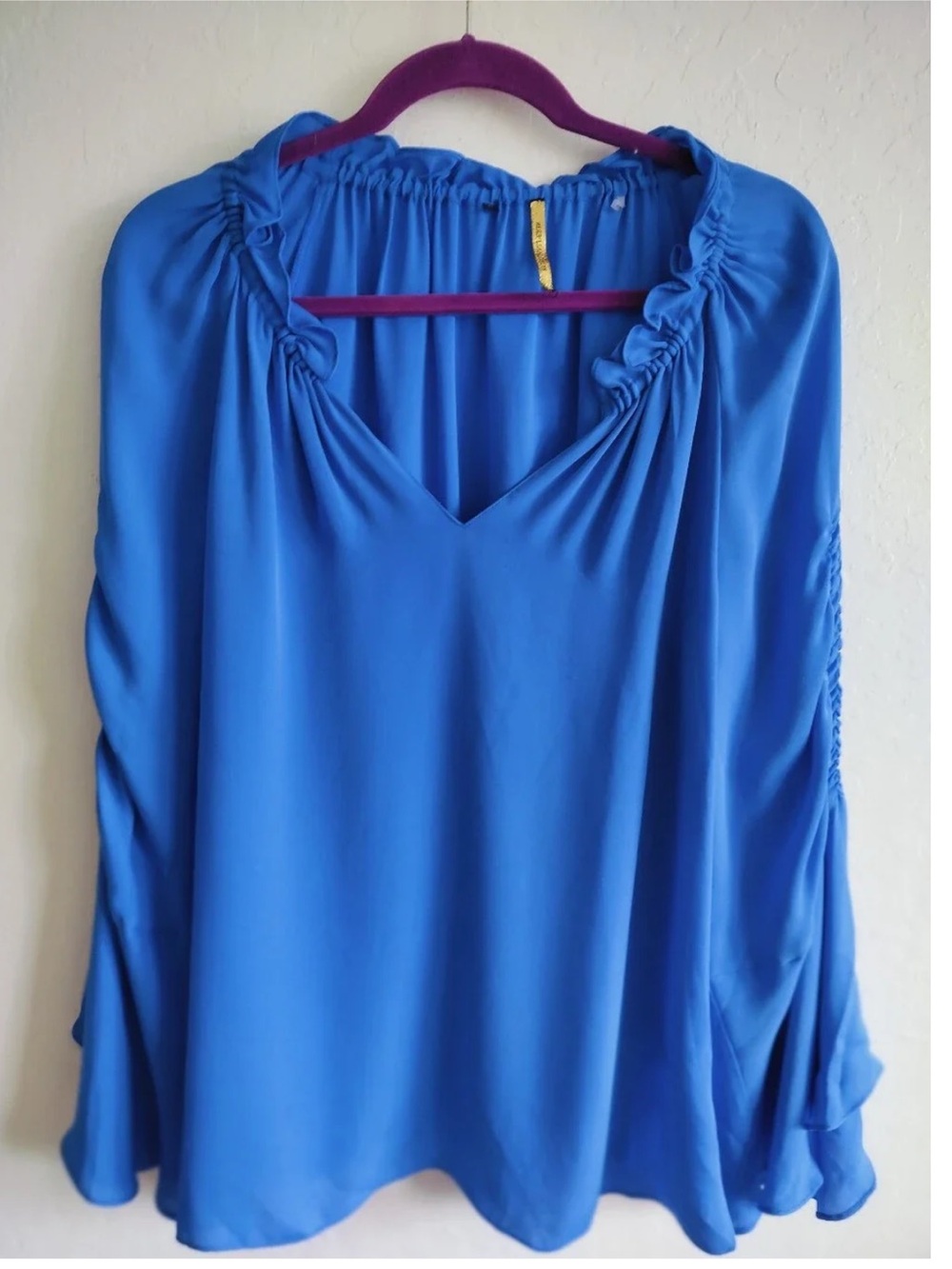 Kobi Halperin Silk Cobalt Blue Gathered V-Neck Blouse